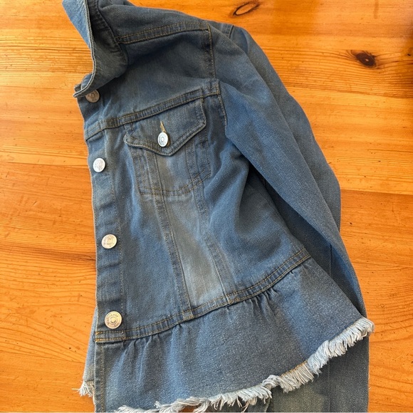 Upcycled Denim Jean jacket  patchwork Tinker Bell ruffle frayed edges girls - Picture 9 of 10
